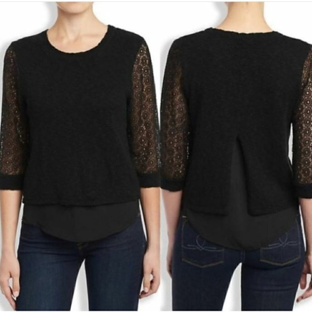 Lucky Brand Womens Large Black Cinema Pullover Sweater 3/4 Sleeve Lace Linen